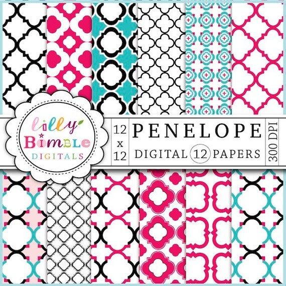 QUATREFOIL Pink and Turquoise Penelope Papers for scrapbooking, cards, design Instant Download Il_570xn