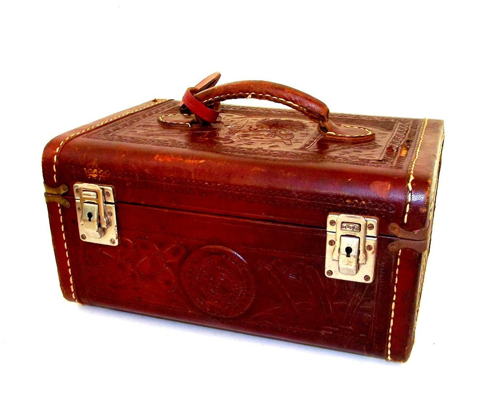 Vintage Tooled Leather Train Case with by honeyblossomstudio