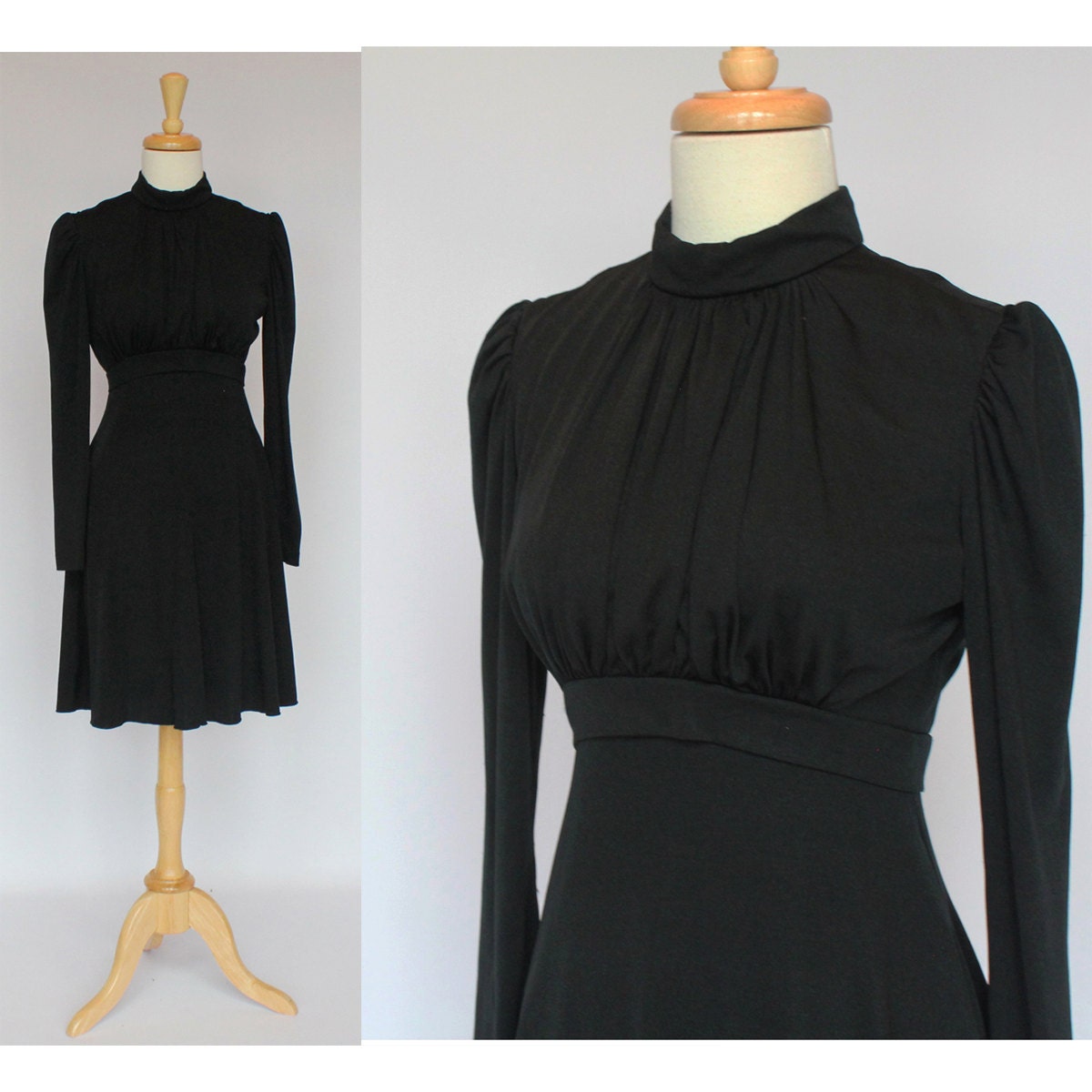 60's/70's  Black Knit Empire Waist Baby Doll Mini Dress - XSmall to Small