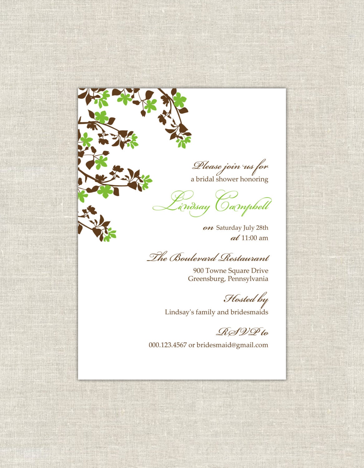 Apple Blossom Bridal Shower Invitation in Apple Green and Chocolate Brown Il_570xn