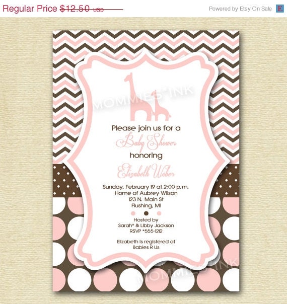 10% Off Holiday Sale Mod Chevron Dotty Giraffe Baby Shower Invitation - PInk and Brown - PRINTABLE INVITATION DESIGN Il_570xn