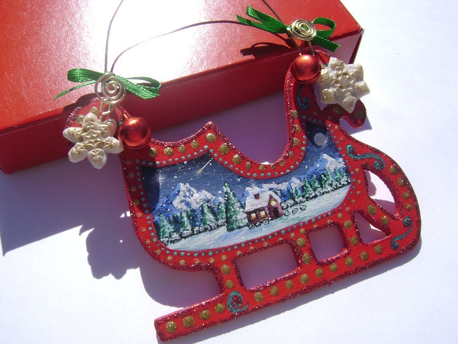 Sleigh Ride - Hand Painted Wooden Christmas Ornament - Red, Green, Glitter, Whimsical, Traditional, Polymer Clay Snowflake Charm,Bows,Bells - VioletHouseCrafts