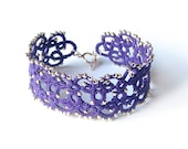 Violet acai lace bracelet with glass beads Purple tatted lace and silver beads jewelry - LandOfLaces