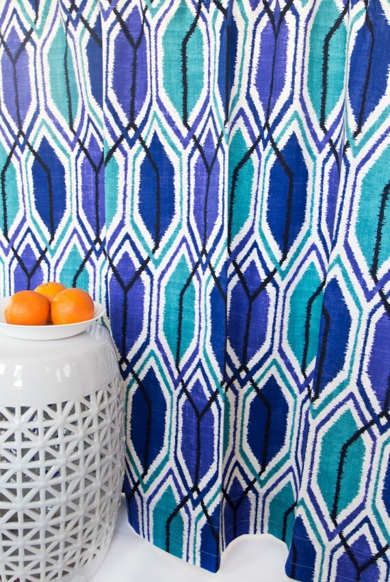 Modern Blue Curtain Geometric Blue Window by TheFabricAffair