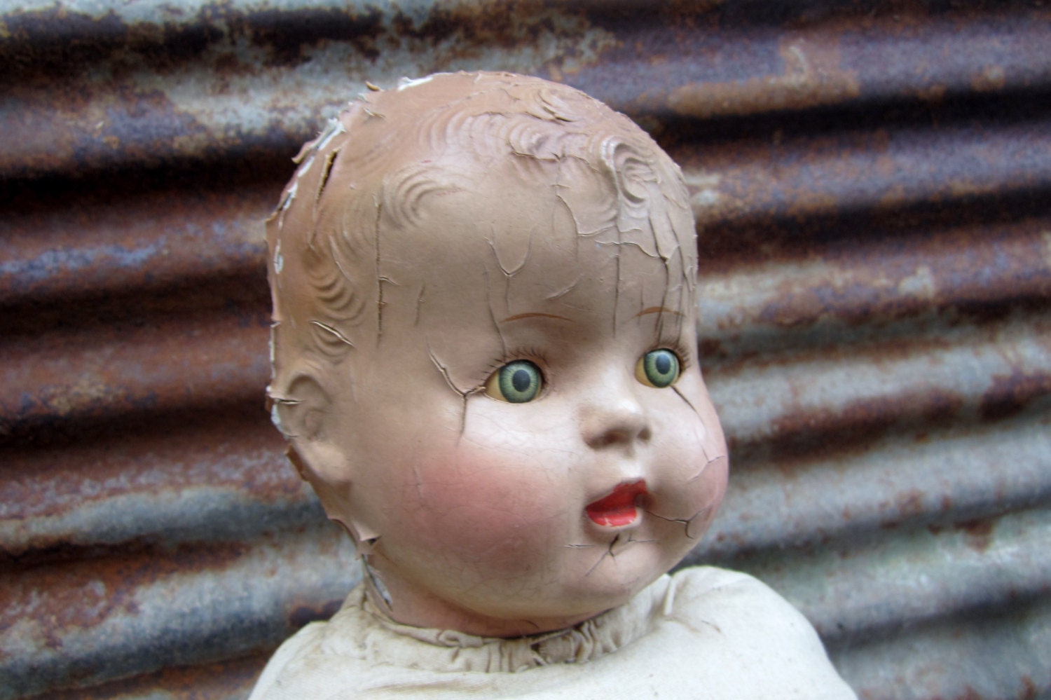 Antique Toy Baby Doll Little Boy Victorian with Opening Eyes Creepy Scarey Halloween Prop or Decoration Zombie Child - TheOldTimeJunkShop