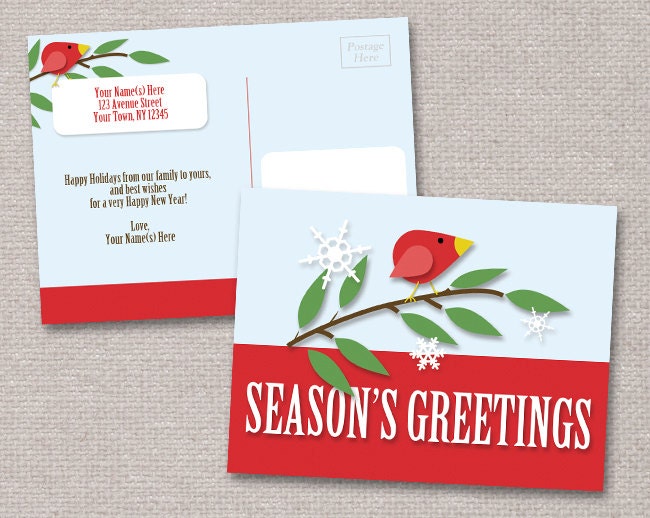 Red Holiday Bird Season's Greetings Postcards - 6 to 250 PRINTED - Personalized Christmas Holiday Il_570xn