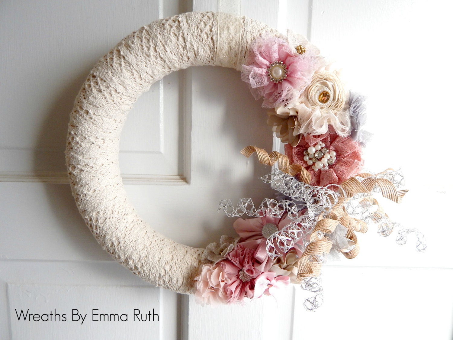 Shabby Chic Lace Yarn Wreath in Pink and Cream with Korker Ribbon and Flowers