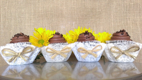 REAL Lace Cupcake Wrappers 25 Bows Papers Unique Classy Wedding Southern Favors Party Decor Rustic Shabby Party Cups