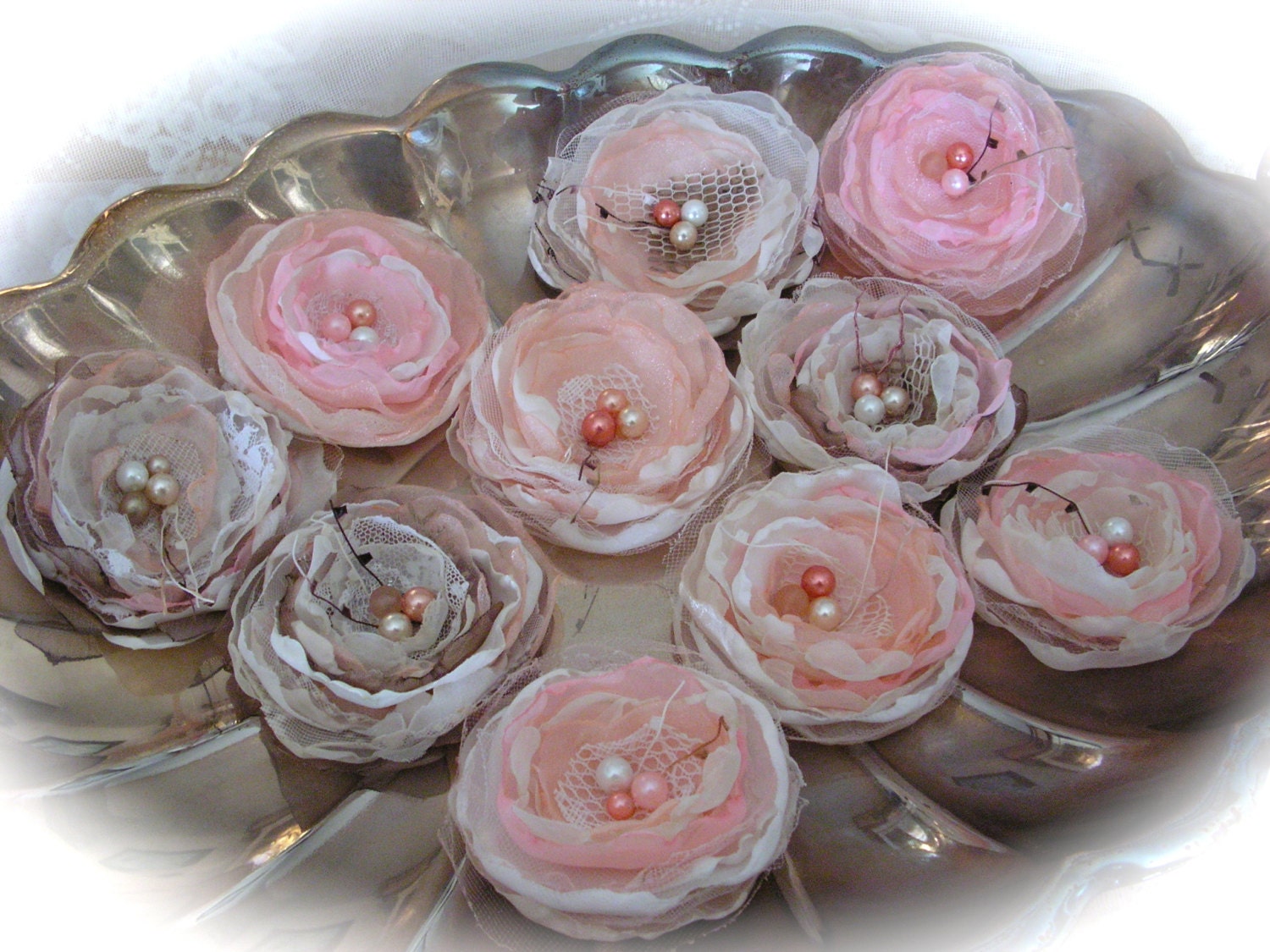 Wedding Flowers  Ivory and Pink  - for wedding decorations, - set of 10.