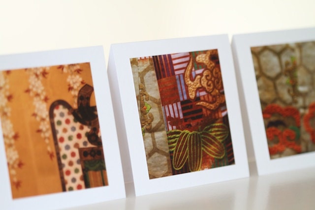 Thank You Cards, Set of 3, Japanese Screen and Kimono Fabric Detail - EchidnaArtandCards