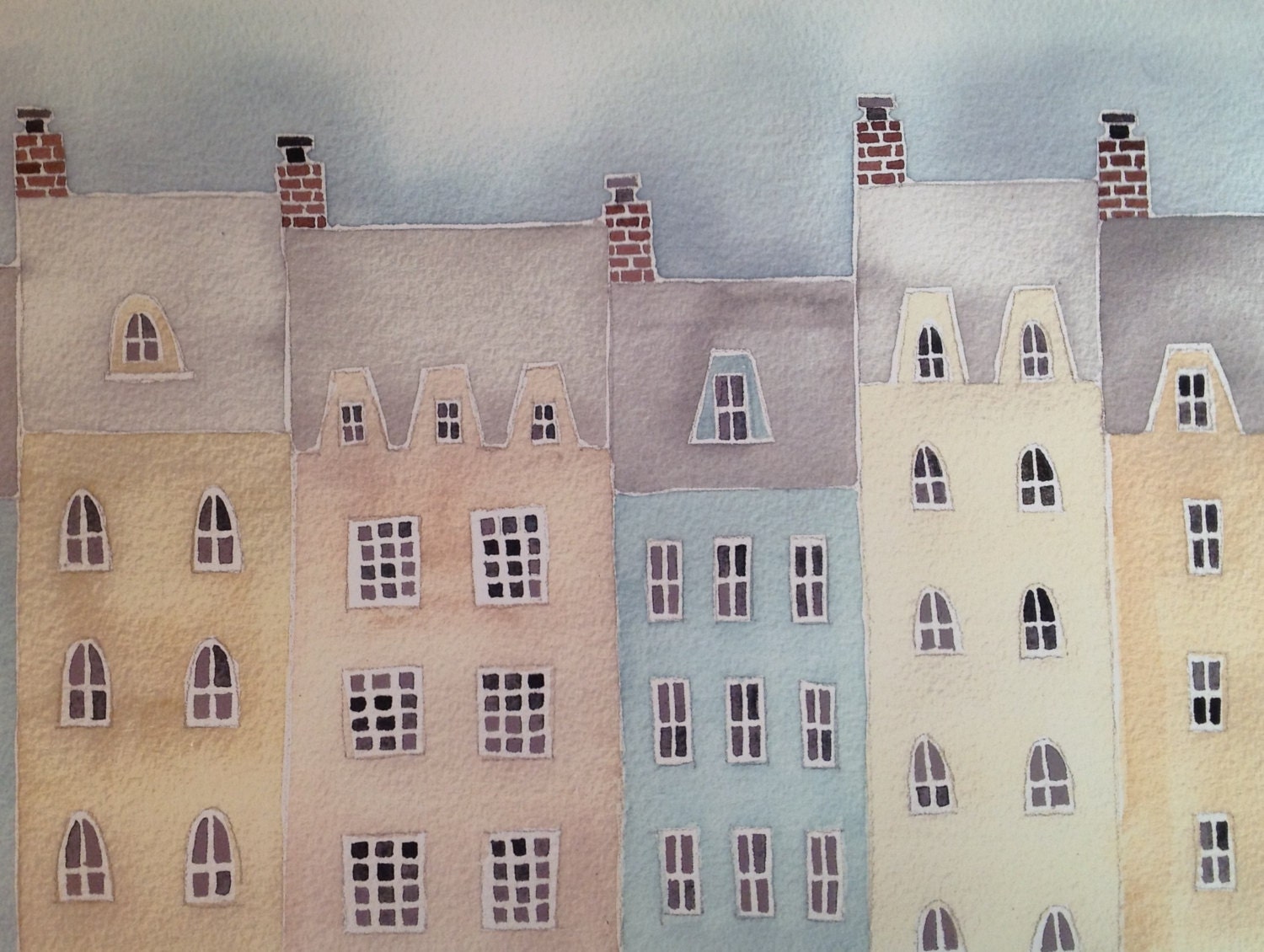Village Rooftops, pale neutral colors, soft, watercolor and gouache, buildings, print of original painting - plumwaterdesigns