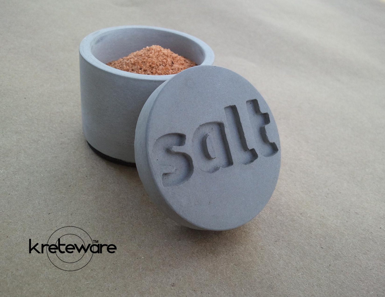 Concrete salt cellar mini spice jar with etched salt by kreteware