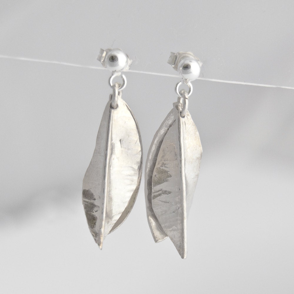 Silver Dangle Studs - Handmade Botanical Earrings, Leaf Shaped - TheSilverStudy