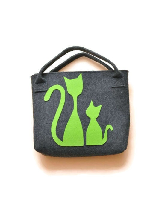 Felt Handbag, bag with cat, felt bag, grey, green, christmas gifts - AgathasBags