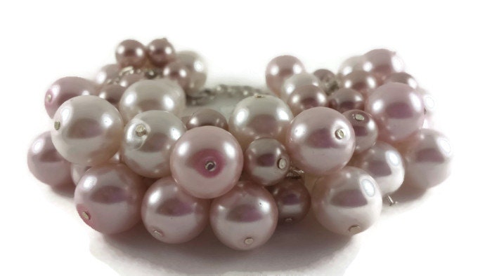 Soft Pink Pearl and Champagne Bracelet | Handmade Chunky Glass Pearl Beaded Casual Jewelry | Elegant Bridal Bridesmaid Wedding Bracelet - TheValetGirl