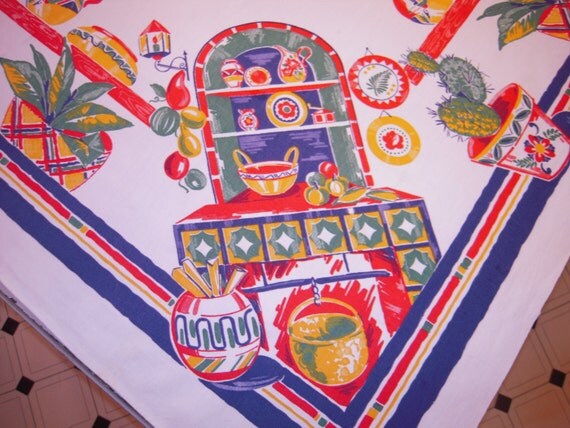 Vintage Mexican Tablecloth Colorful Pottery on by unclebunkstrunk