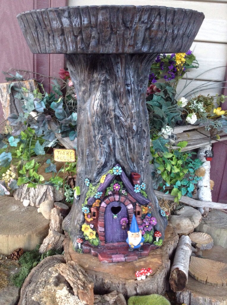 Fairy or Gnome Door Tree Stump Birdbath by