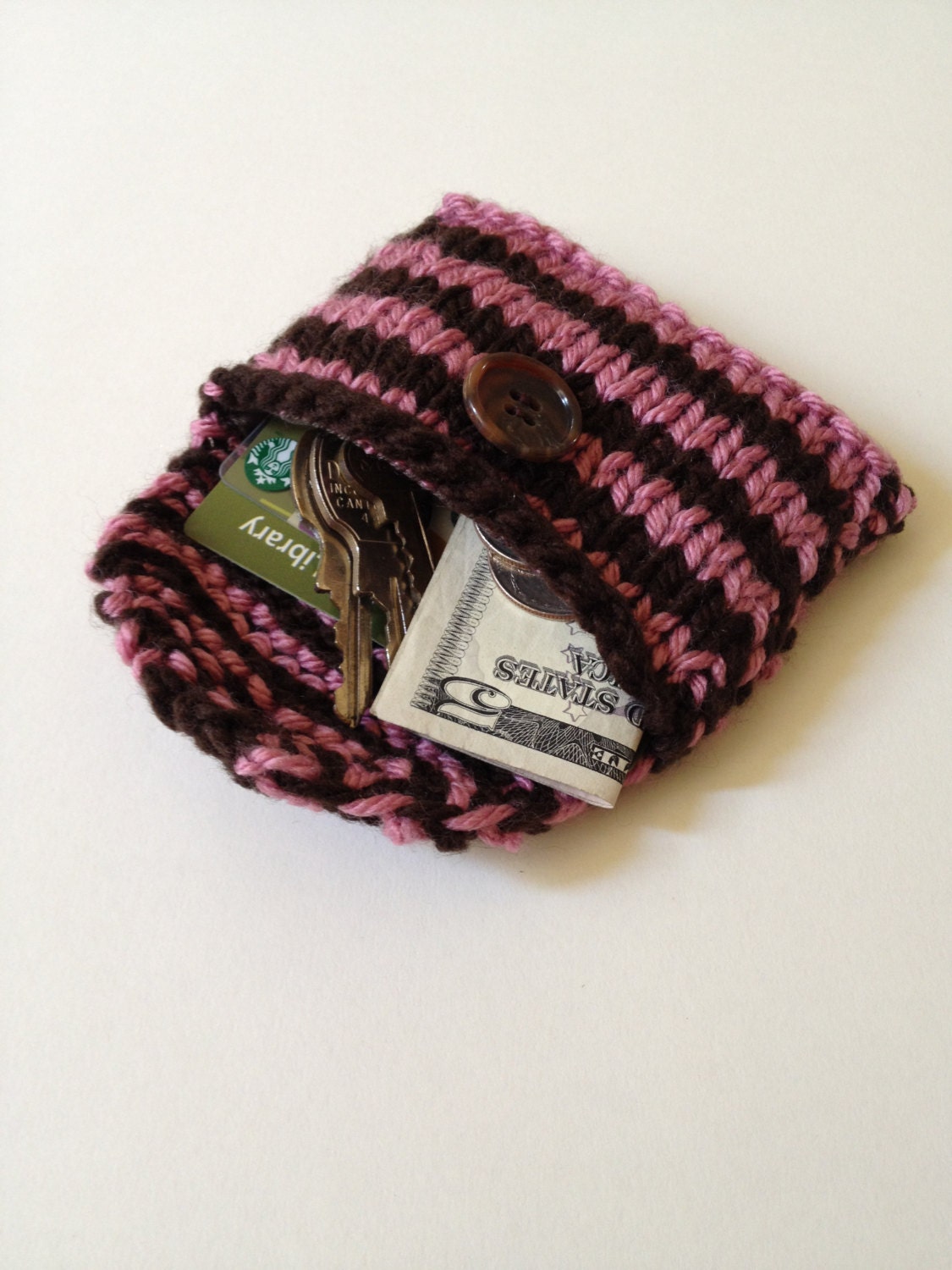 Pink And Brown Striped Hand Knitted And Fabric Lined Mini Purse/Wallet/Business And Credit Card Holder
