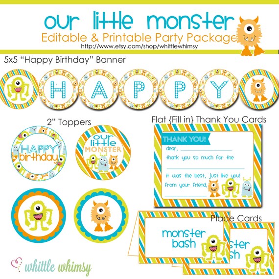 Our Little Monster Birthday Party Package by whittlewhimsy