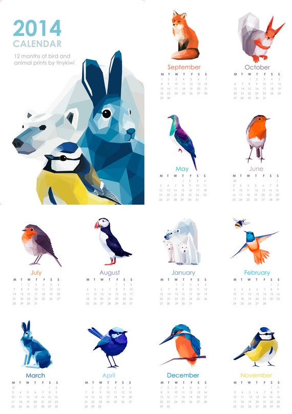 2014 Calendar, 20% OFF, Geometric illustration, Animal prints, Original illustrations