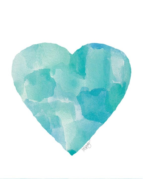 Aqua Blue Watercolor Heart Art Print 11x14 Beach Decor Coastal Decor - OutsideInArtStudio