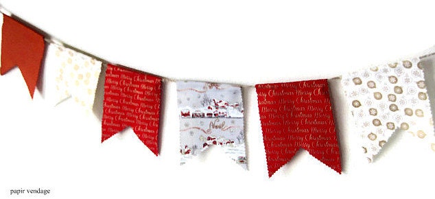 Noel Christmas Bunting Banner, Christmas Decorations, Christmas 9ft. Fabric Banner, Christmas Red, & Gold White Bunting, OOAK Handmade - papirvendage