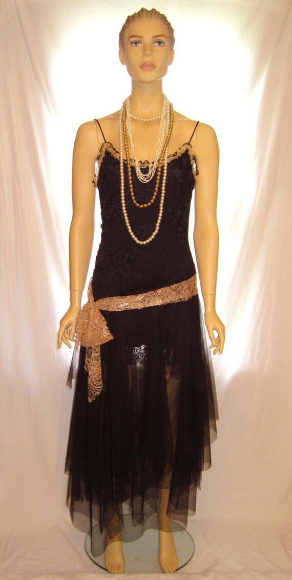 Black tulle and lace thin strap Great Gatsby dress costume, 1920s ...