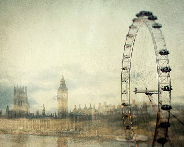 London Print, London Eye Ferris Wheel, Travel Photography, Big Ben, Westminster, Thames, England, Neutral Home Decor - Double Fantasy - EyePoetryPhotography