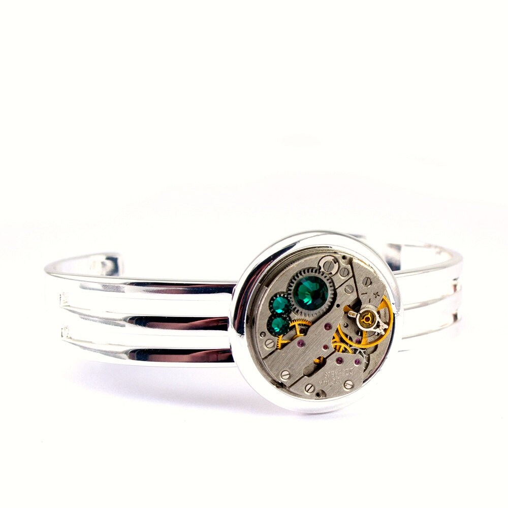 Steampunk Bracelet - Gorgeous Vintage Clockwork Design accented with Emerald Green Swarovski Crystals - PROMPTLY SHIPPED - SteampunkJewelry