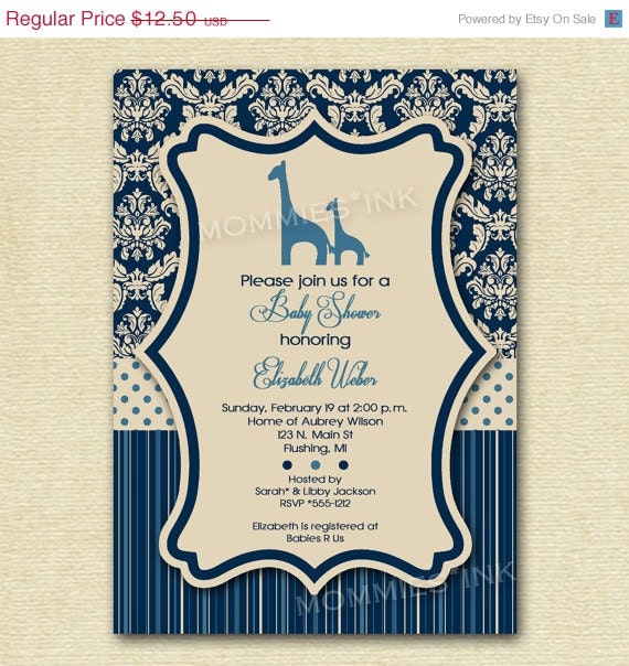 HOLIDAY SALE 10% off Navy Damask and Stripes Giraffe Baby Shower Invitation - PRINTABLE Invitation Design Il_570xn
