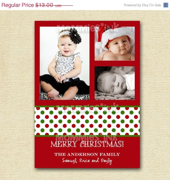 10% Off Holiday Sale Mod Red and Green Dots Three Photo Christmas Card - PRINTABLE CARD DESIGN Il_570xn