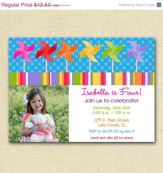 10% Off Holiday Sale Pinwheel Dots and Stripes Photo Birthday Invite - PRINTABLE INVITATION DESIGN Il_570xn