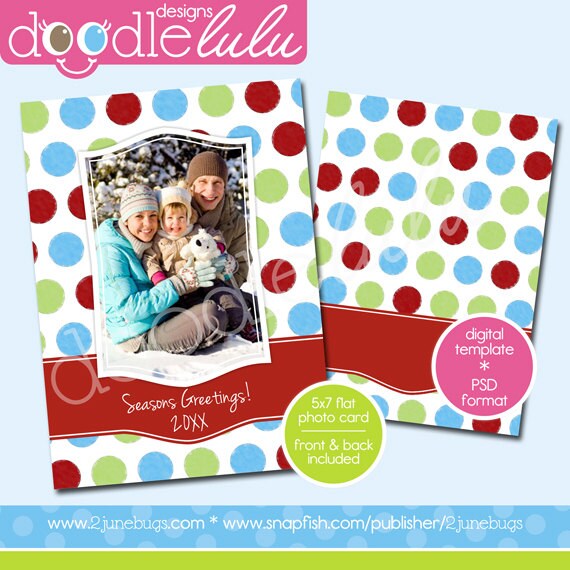 INSTANT DOWNLOAD Digital Printable 5x7 Polka Dots Red Blue Green Christmas Photo Card Template (Photoshop) PSD by Doodlelulu 2 june bugs Il_570xn