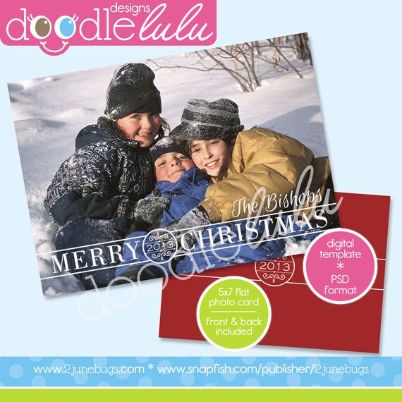 INSTANT DOWNLOAD Digital Printable 5x7 Full-Photo Elegant Merry Christmas Banner Card Template (Photoshop) PSD - Doodlelulu 2 june bugs Il_570xn
