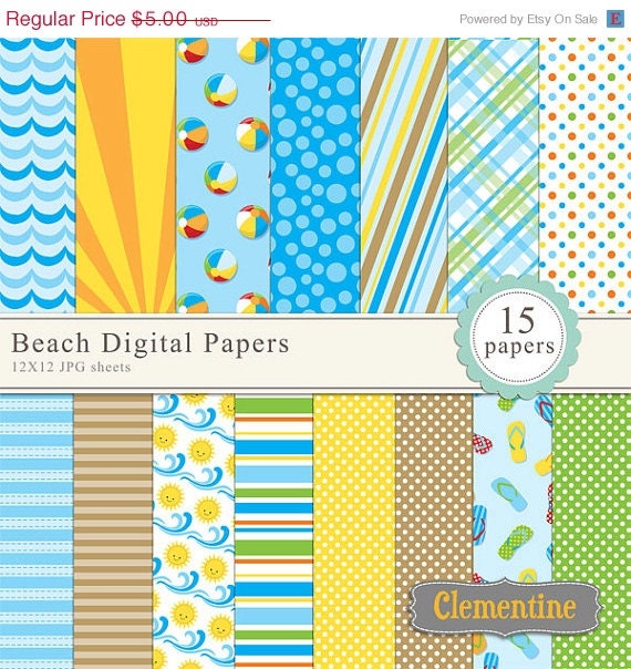 40% OFF SALE Beach scrapbook paper 12x12, summer digital scrapbooking paper, royalty free- Instant Download Il_570xn
