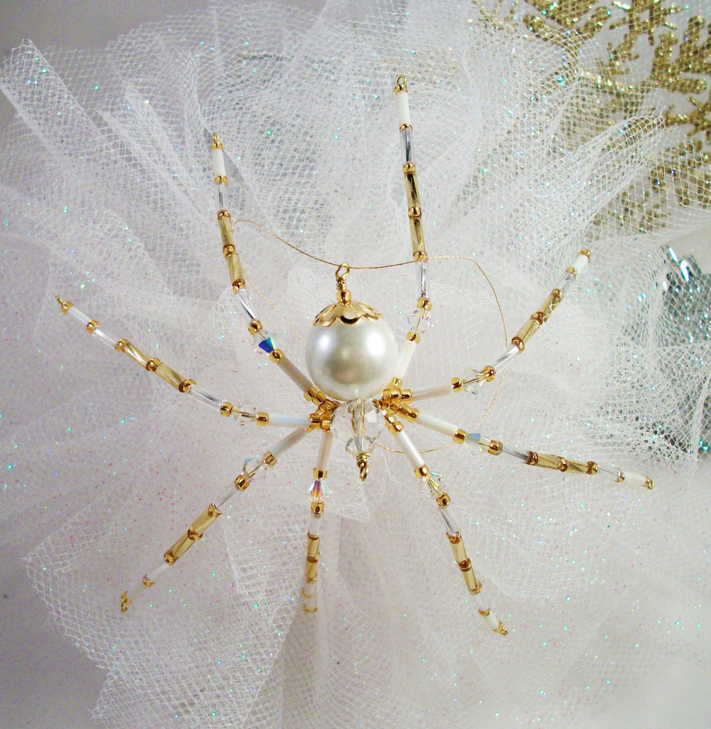 white pearl and gold christmas spider ornament by white pearl and gold christmas spider ornament by