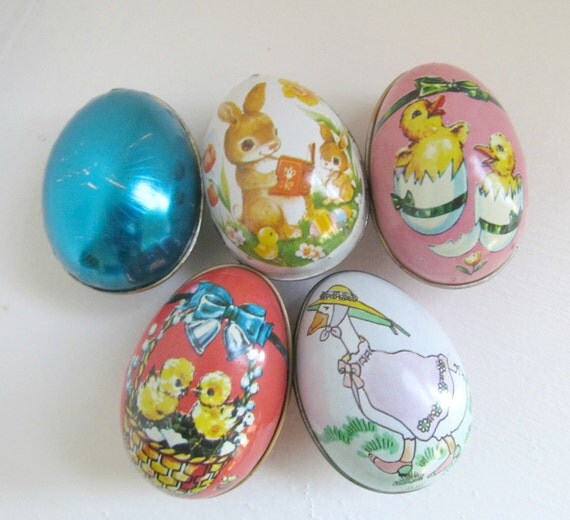 5 Vintage 1980s Tin Easter Egg Candy by AnneGrahamVintage on Etsy