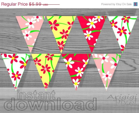 EVERYTHING 70 % OFF Party banner bunting, printable pennant, pattern with flowers, spring colors, digital download, PDF files ready to prin Il_570xn