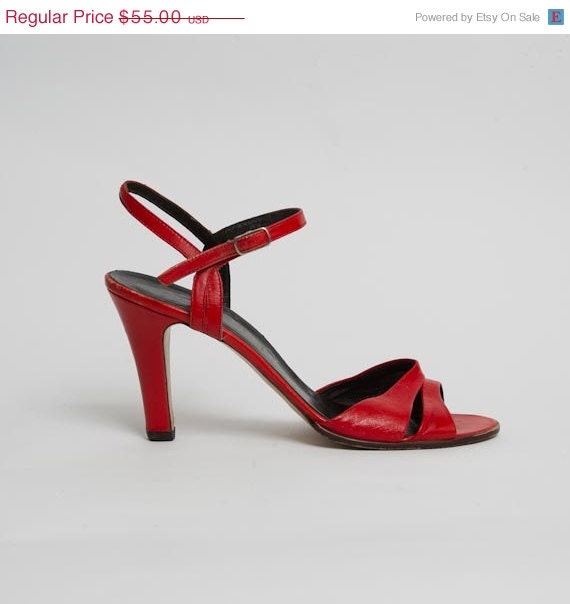 30% OFF SALE 1980's Red Sandals - Vintage 80's Leather Strappy High Stiletto Heel Cocktail Retro Evening Disco Shoes Size 38,5 EU, 8 Us - mijumaju