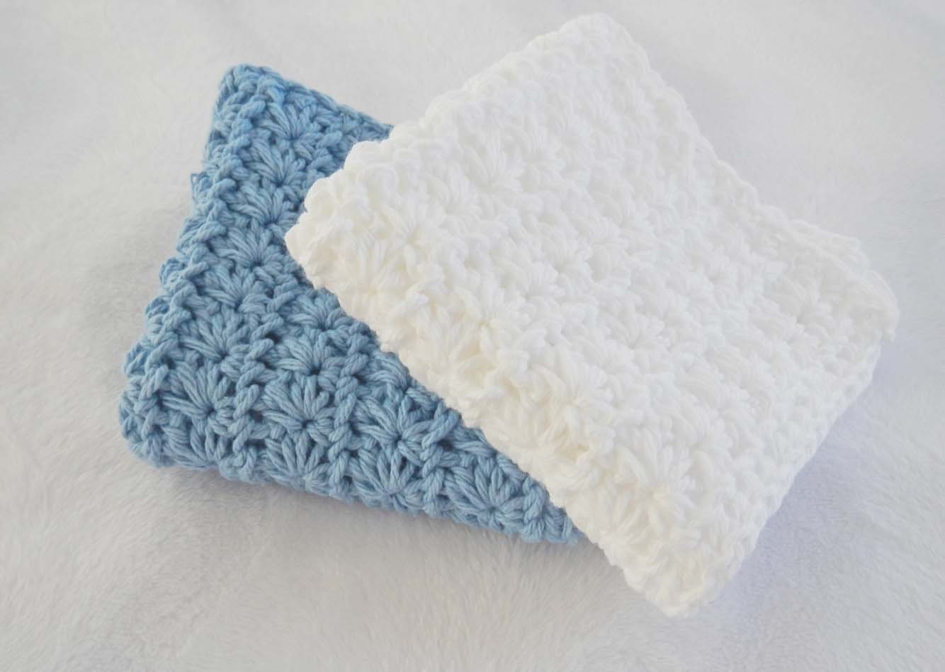 Crochet Washcloth or Dish Cloth for Bathroom or Kitchen - Cotton Cloth - Large - White and Blue - HerterCrochetDesigns