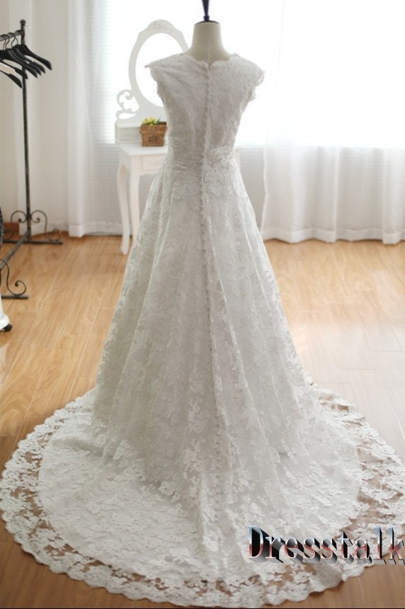 A LINE Lace V Neck Wedding Dress Modest Bridal Gown with Long Train Plus Size Wedding Dress