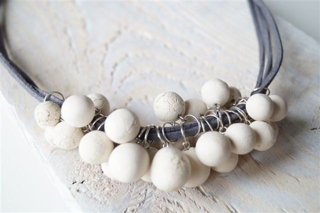 Ceramic Necklace, Necklace, Pendant, Ceramic Jewelry, Triple Strap, Grey Strap - bemika