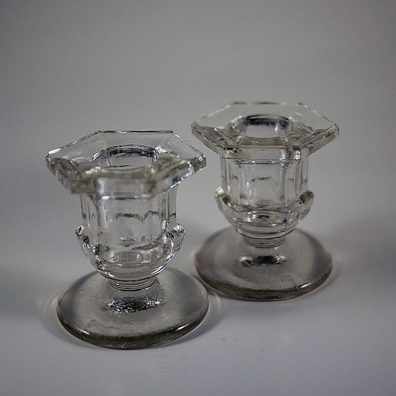 Clear Depression Glass Candlestick Holders by KitschyKitschyYAYAYE