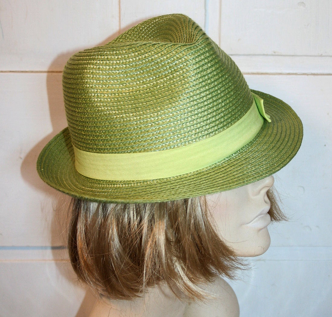 Vintage Lady's Fedora Spring Green Raffia Hat - MorningGlorious