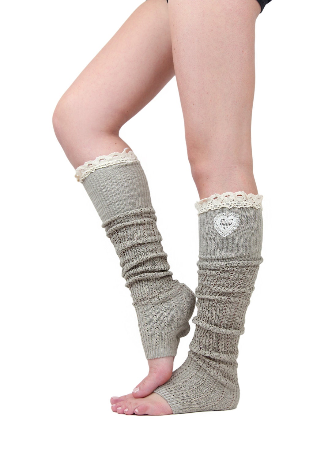 VALENTINES HEART BOOT sock lace leg warmers, oatmeal taupe socks, lace knit socks - gertiebaxter