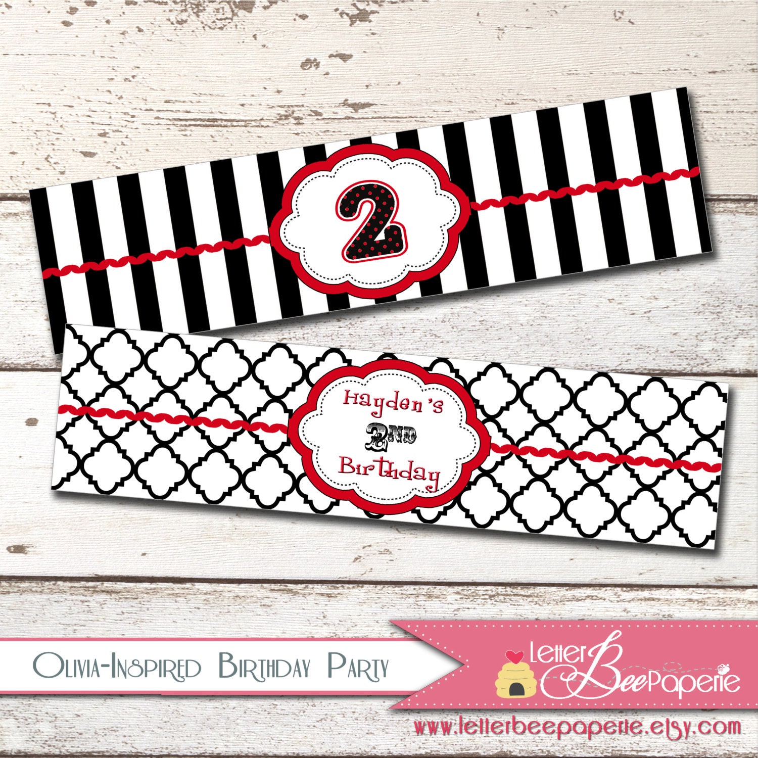 Olivia the Pig-Inspired Water Bottle Labels - DIY Printable Party Decorations - Choose Your Colors - Girls Birthday Parties - Stickers, Tag Il_570xn
