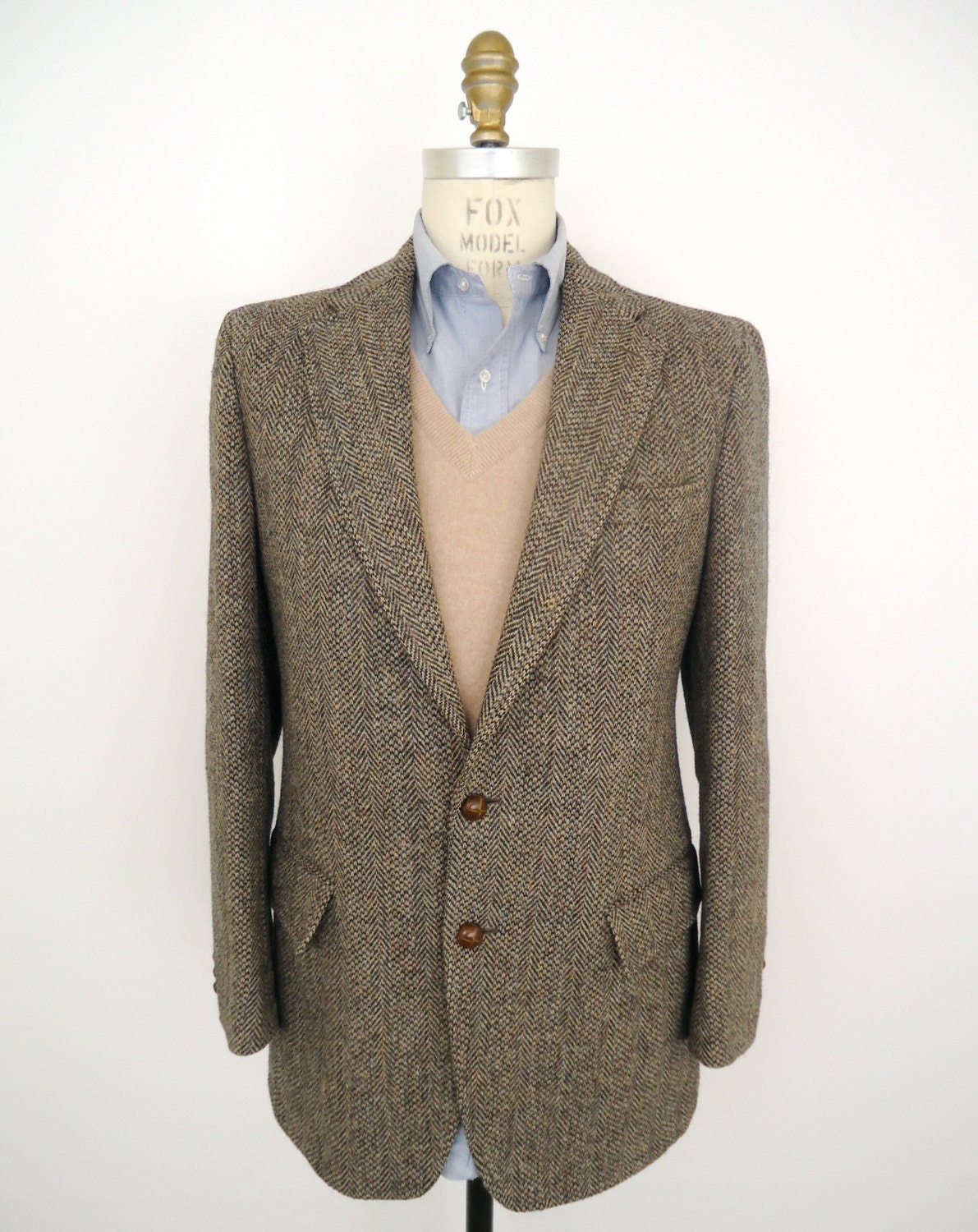 Harris Tweed Sport Coat Vintage Black Tan Herringbone Wool