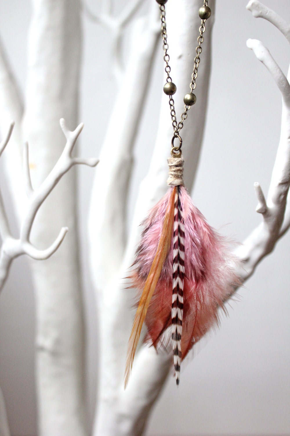 Native American Pink Moon tribal feather necklace with moon charm, pink and brown tribal feathers, rooster tribal feathers and pink pearls - FeatherDeep