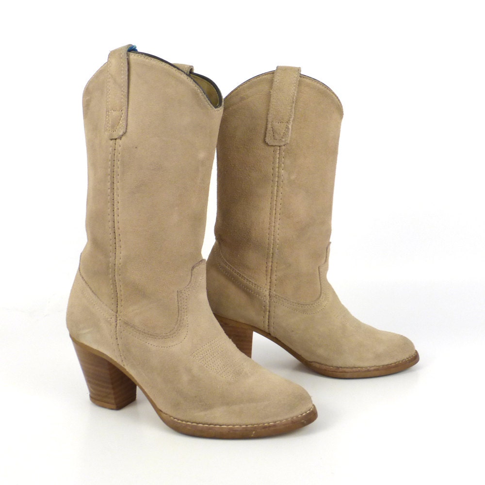 Suede Cowboy Boots Vintage 1980s Tan Bone by purevintageclothing