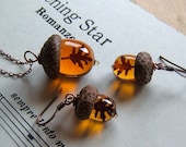 Glass Acorn Necklace and Earring Set Topaz with Encased Copper Leaves by Bullseyebeads - bullseyebeads